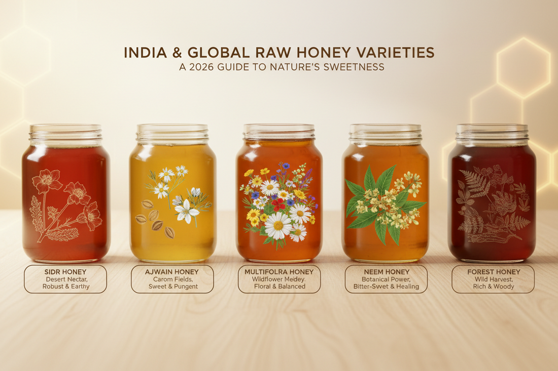 TYPES OF RAW HONEY IN INDIA & WORLD (SIDR, AJWAIN, MULTIFLORA, NEEM, FOREST) 2026 GUIDE - KODAND® | Pure. Natural. Ethical. All Rights Reserved.