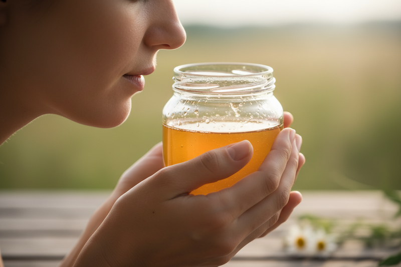 Natural honey jar with honey dipper showing floral aroma honey