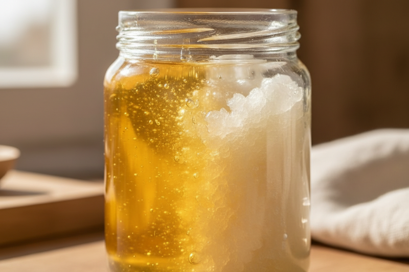 Crystallized natural honey in jar showing natural honey crystallization