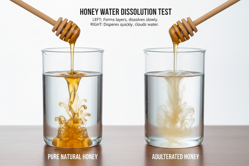 Spoon of honey placed in water glass showing natural honey consistency