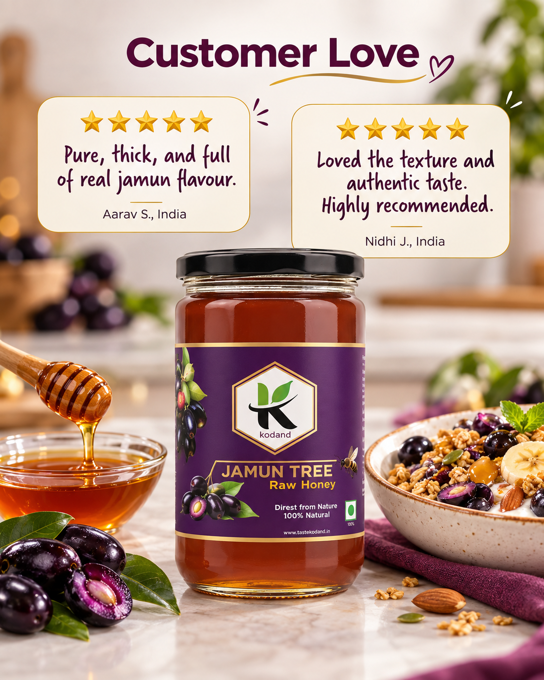 Pure Jamun Honey 1 kg | Premium Raw Indian Blackberry Honey for Wellness
