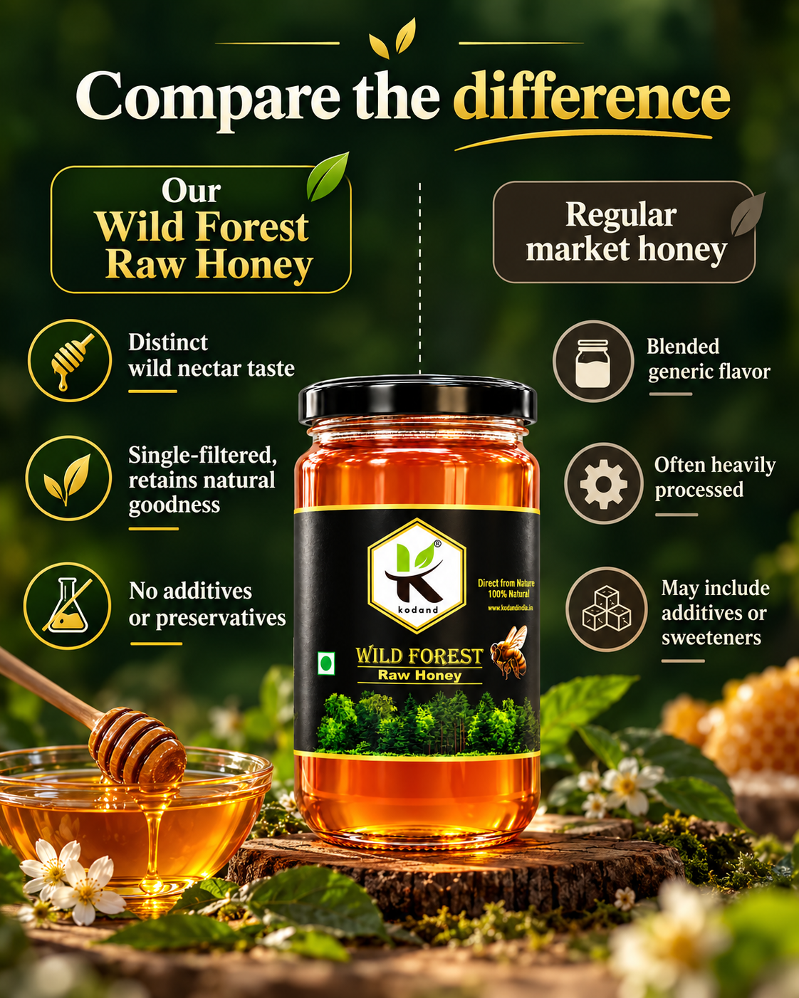 HONEY - KODAND Wild Forest Honey 1 kg | Raw Multifloral Forest Honey