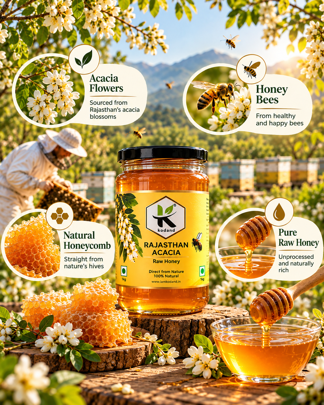 Rajasthan Acacia Honey 1 kg | Pure Raw Low Glycemic Honey