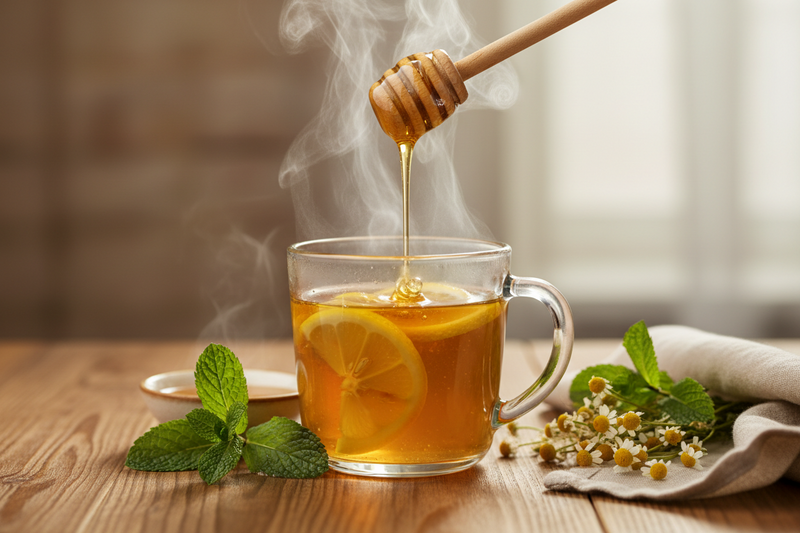 Cup of warm tea with honey and lemon showing soothing honey drink
