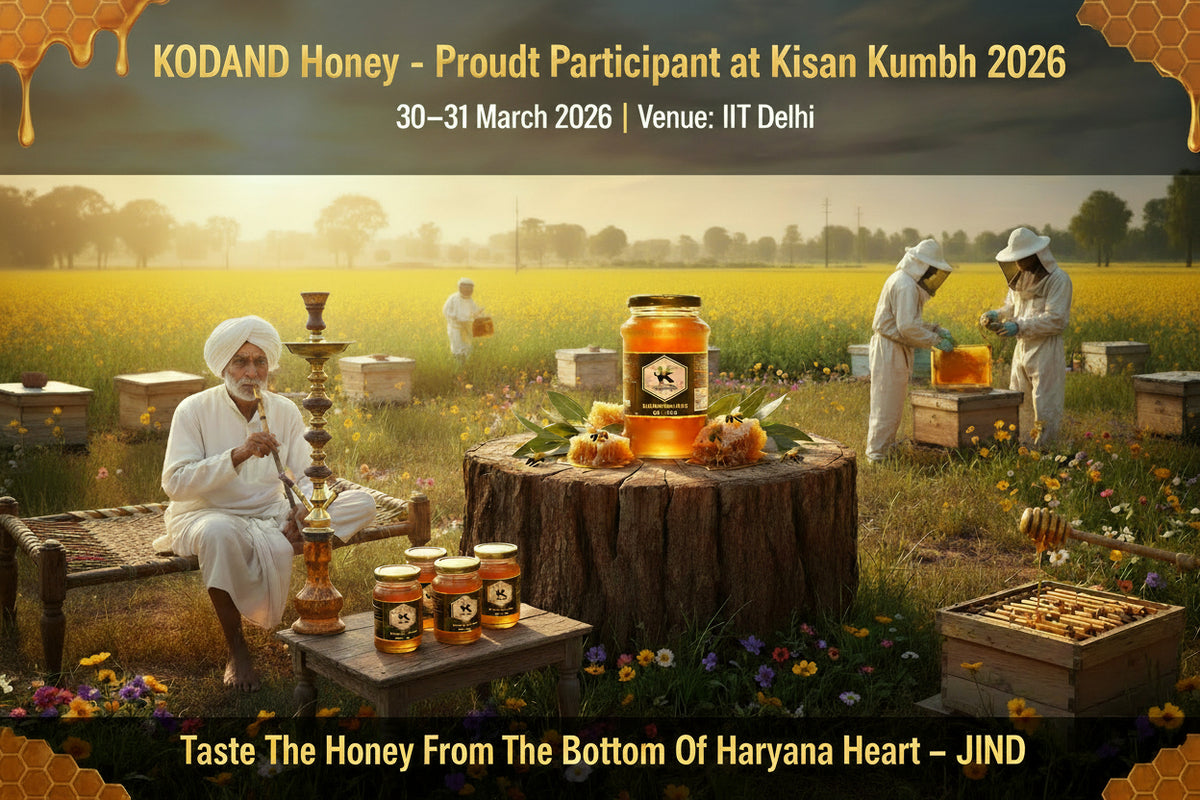 Kodand Honey jar with honey dipper representing natural honey brand
