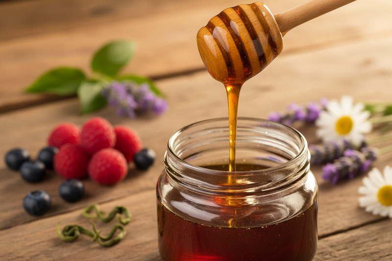 Golden natural honey with honey dipper representing antioxidant rich honey