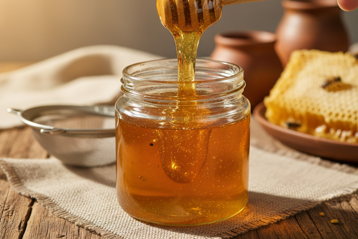 Golden raw honey being poured into glass jar