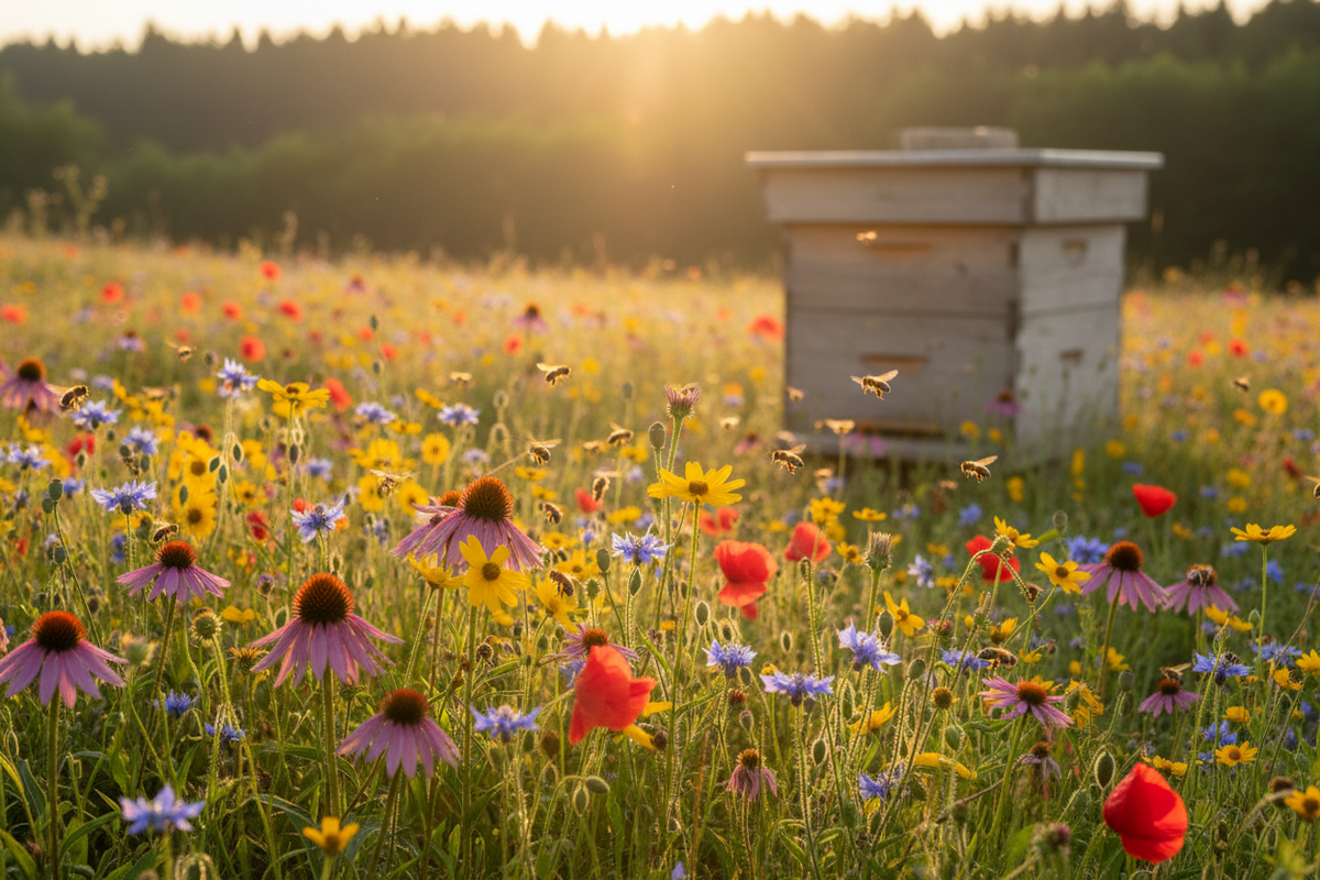 Honey bees collecting nectar from flowers