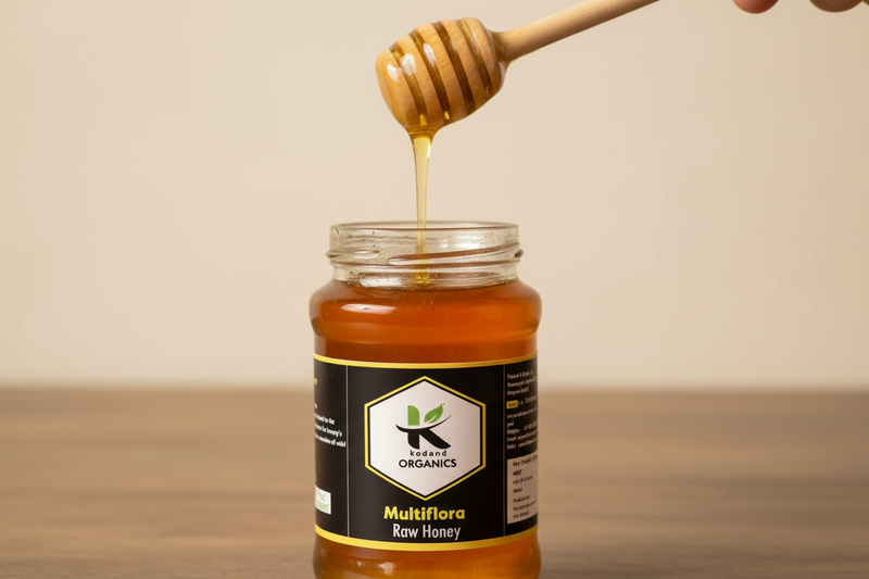 Kodand Honey natural honey jar with honey dipper showing golden honey