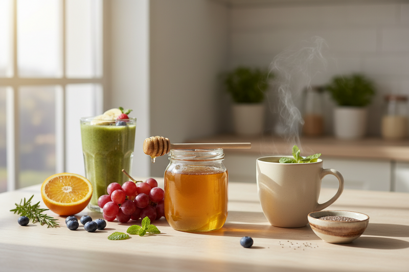 Natural honey jar and spoon used as a healthy sugar alternative