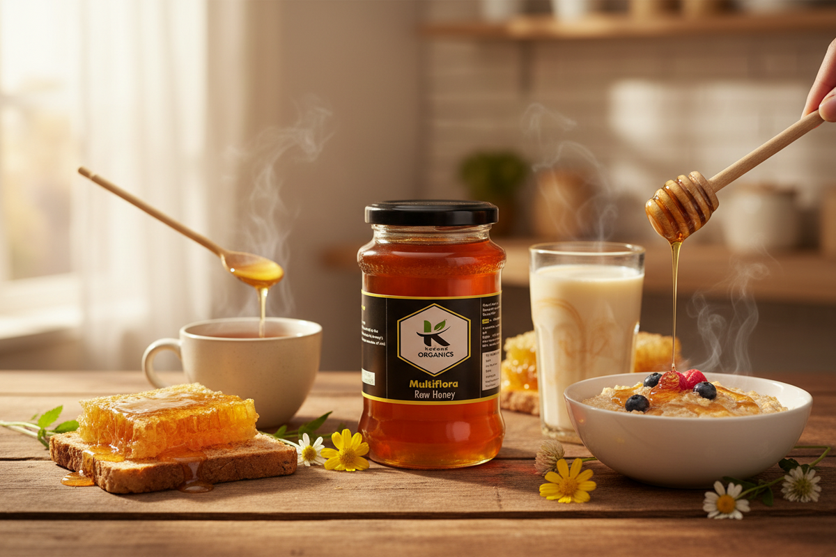 Golden natural honey pouring into glass jar showing pure honey texture