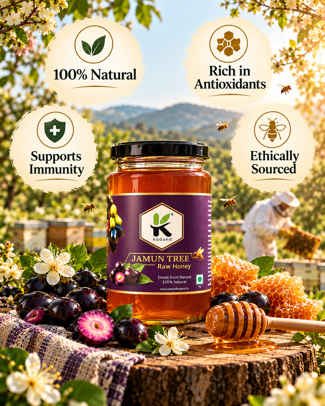 Pure Jamun Honey 1 kg | Premium Raw Indian Blackberry Honey for Wellness