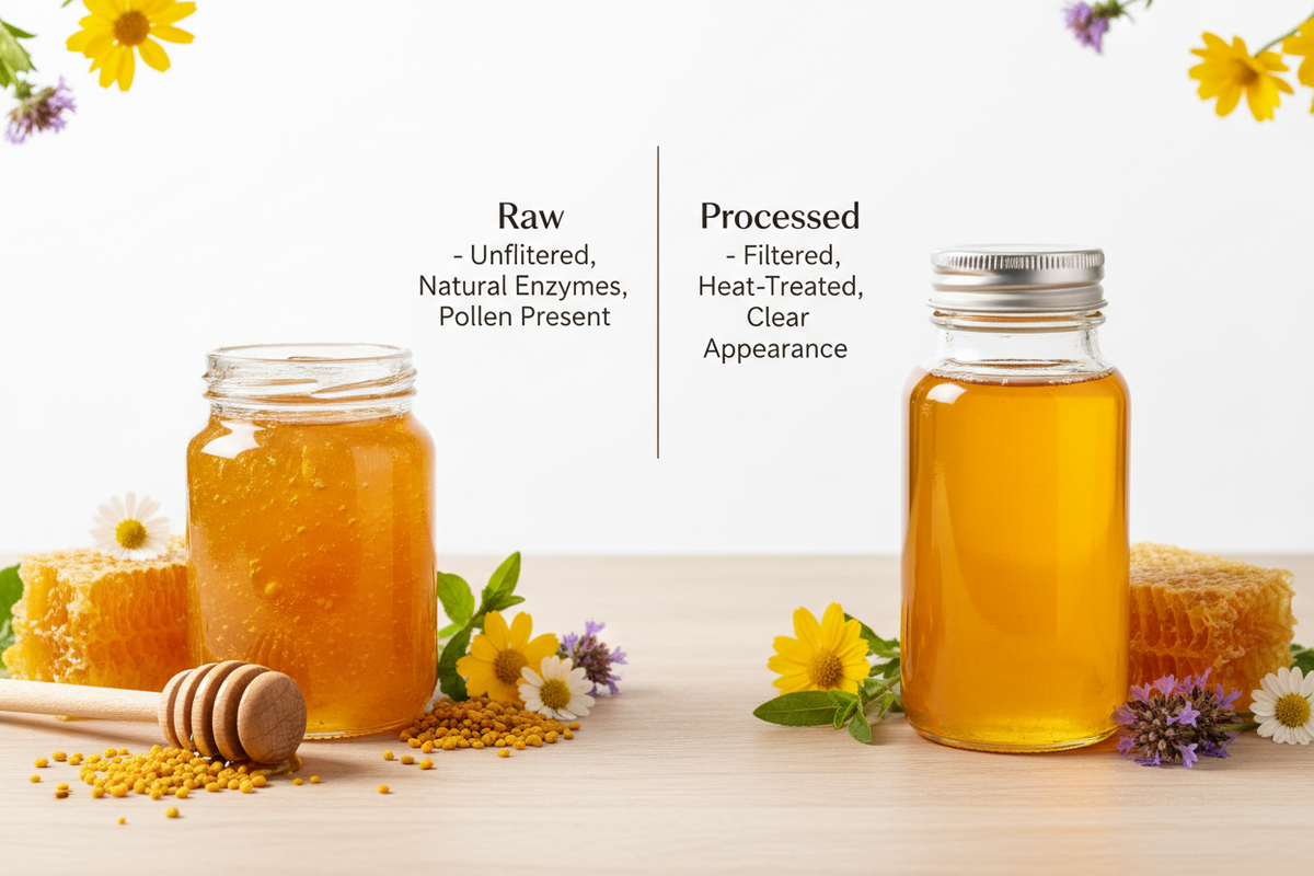 Comparison of raw honey and processed honey jars showing color and texture difference