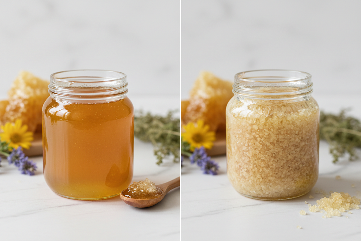 Crystallized raw honey in glass jar showing natural sugar crystals