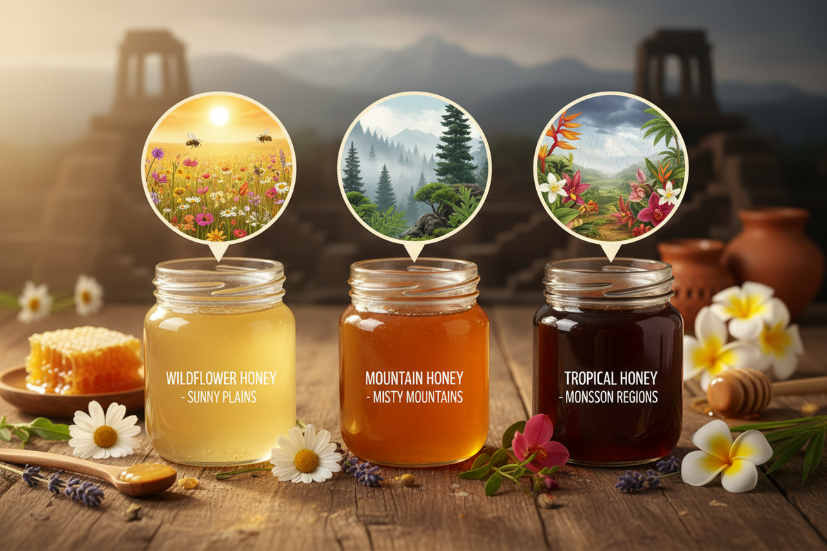 Golden organic honey in glass jar showing natural honey texture