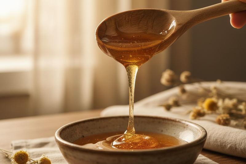 Golden natural honey flowing slowly from spoon showing thick pure honey texture