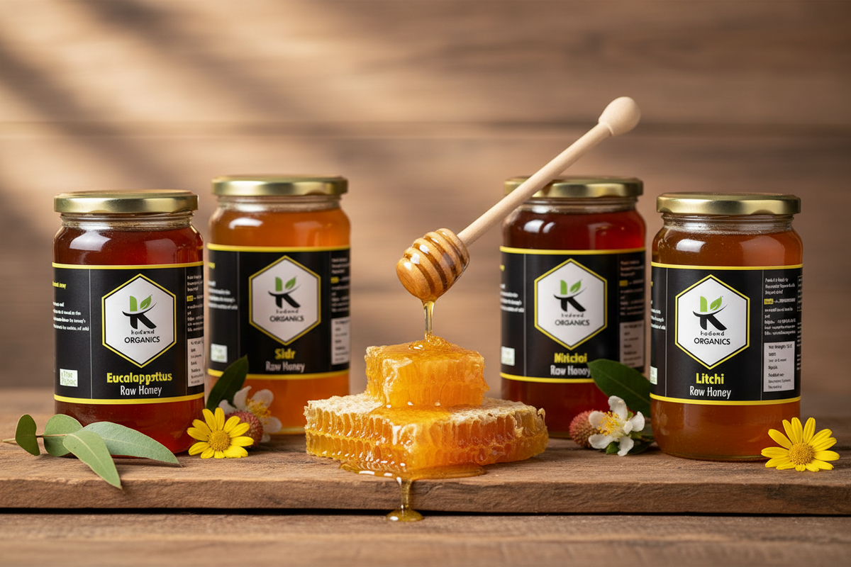 Golden honey jar with honey dipper representing natural honey variety