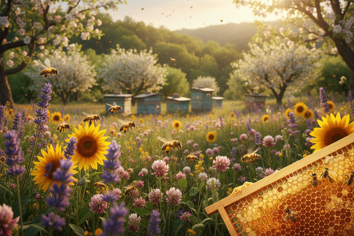 Honey bees collecting nectar from flowers for organic honey production
