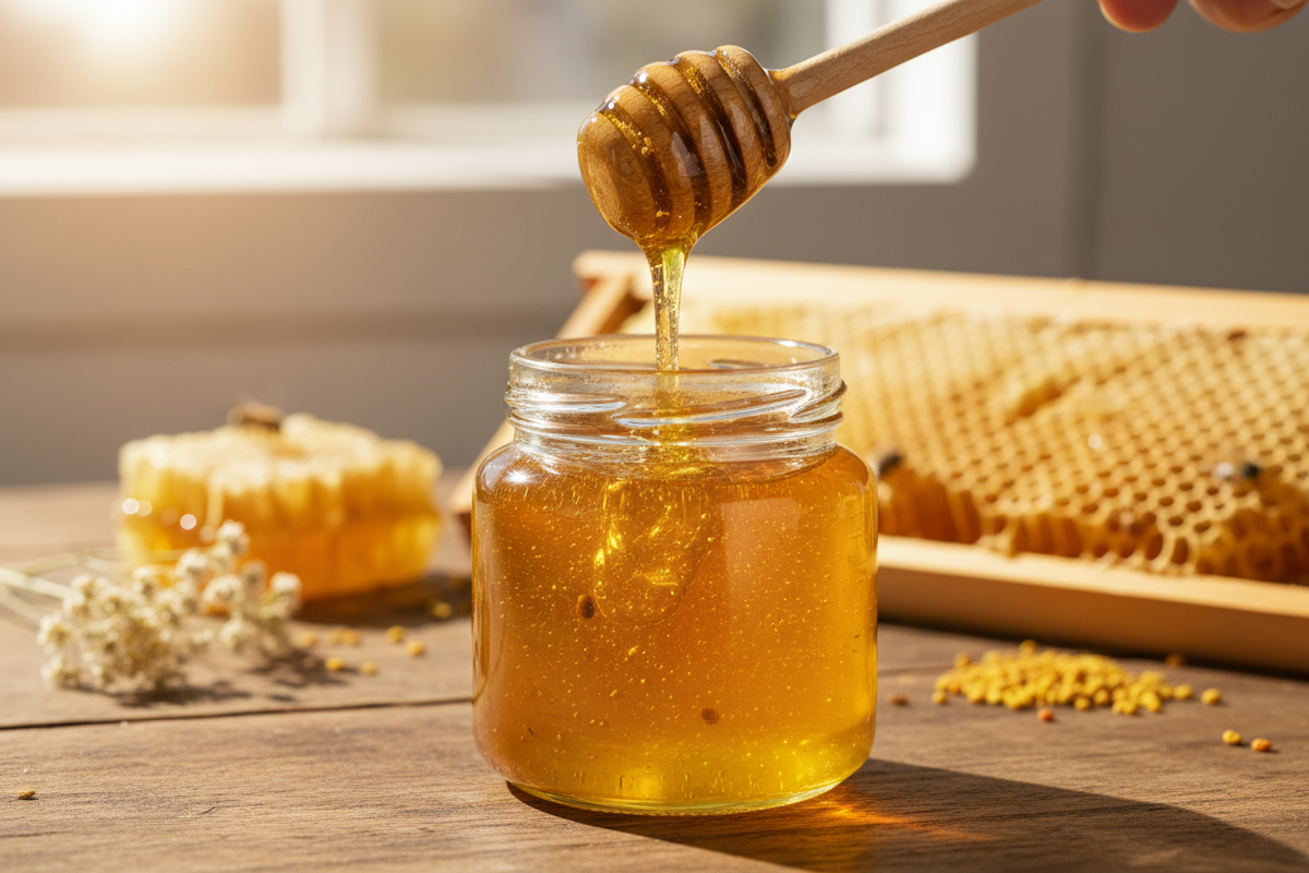 Raw honey flowing from honeycomb into jar showing natural unprocessed honey